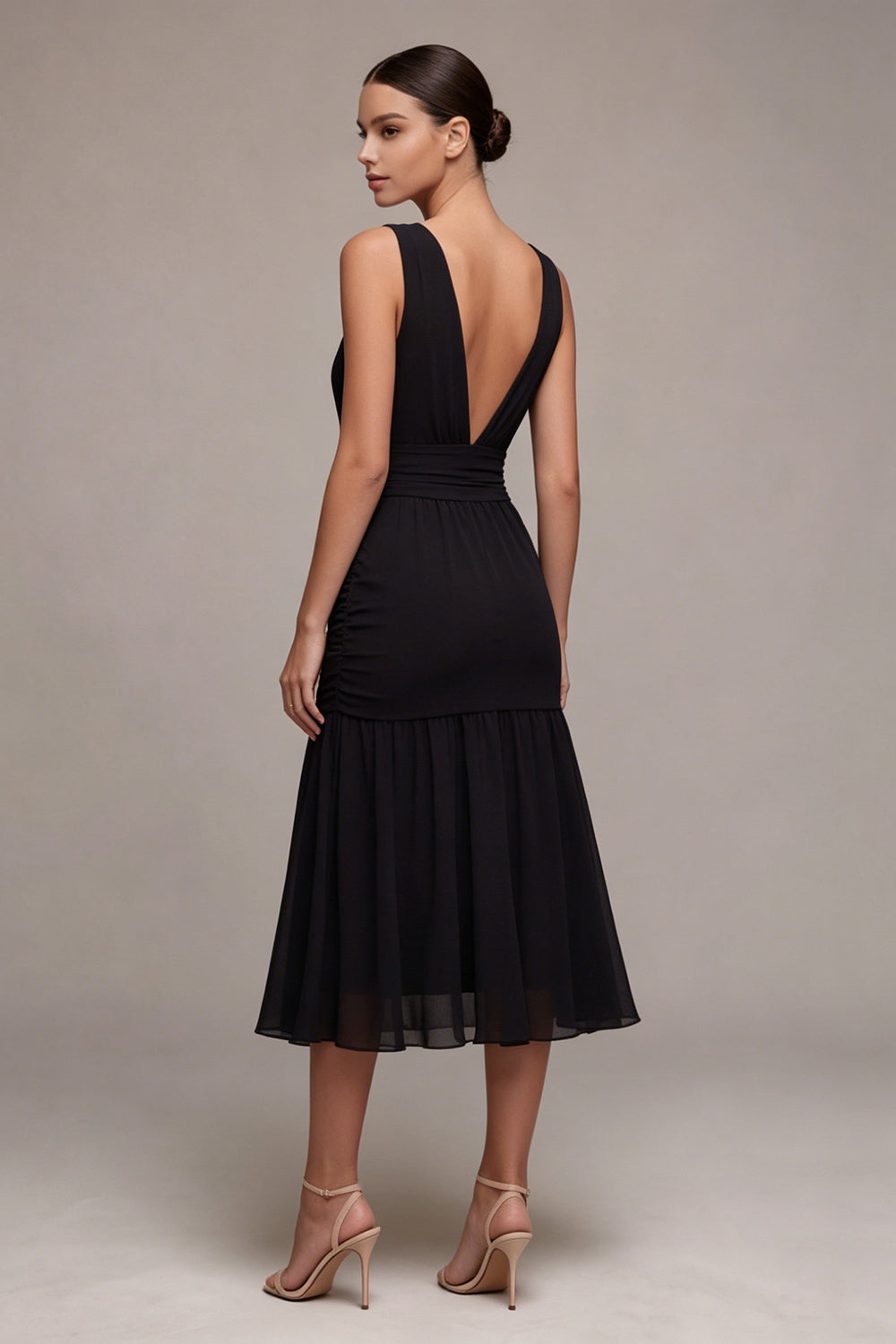 A Line V-Neck Ruched Backless Long Black Tie Dress