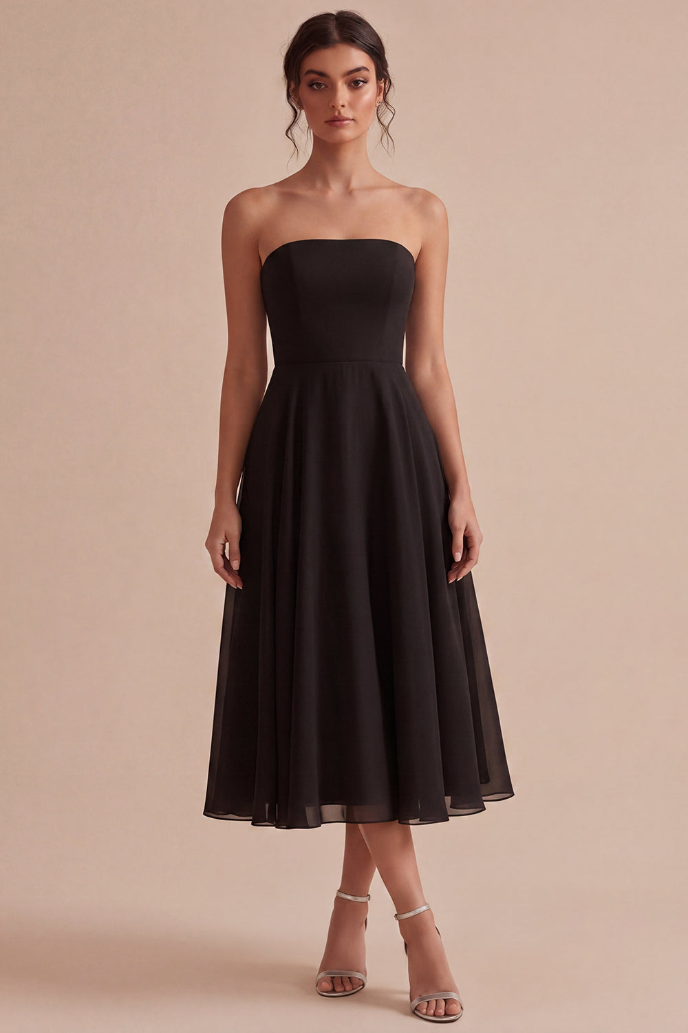 A Line Strapless Long Black Tie Dress
