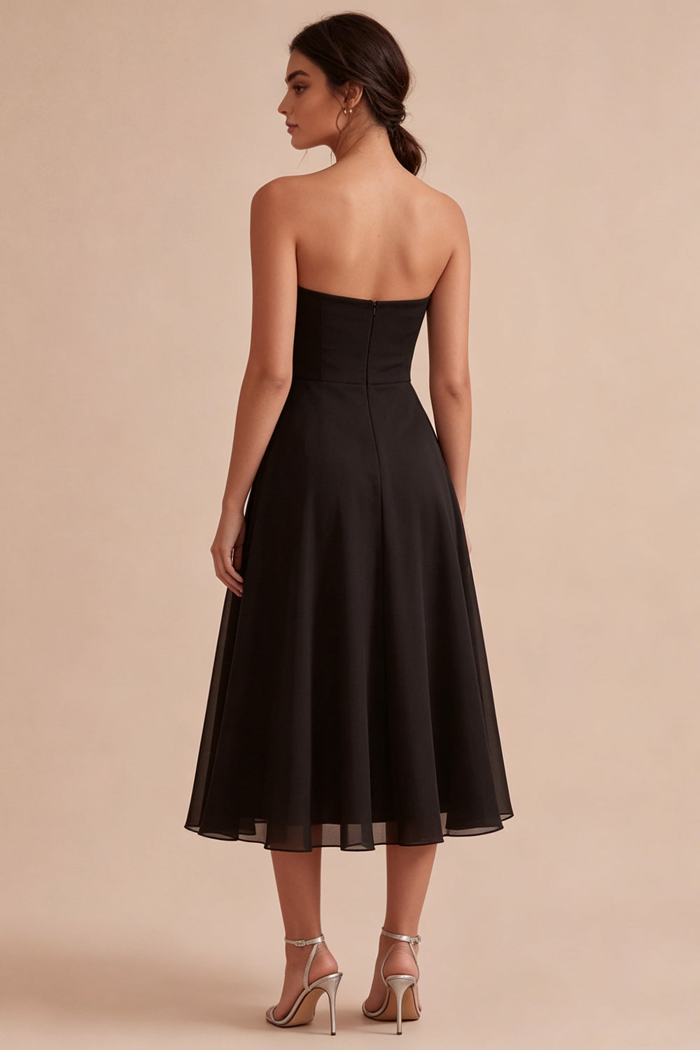 A Line Strapless Long Black Tie Dress