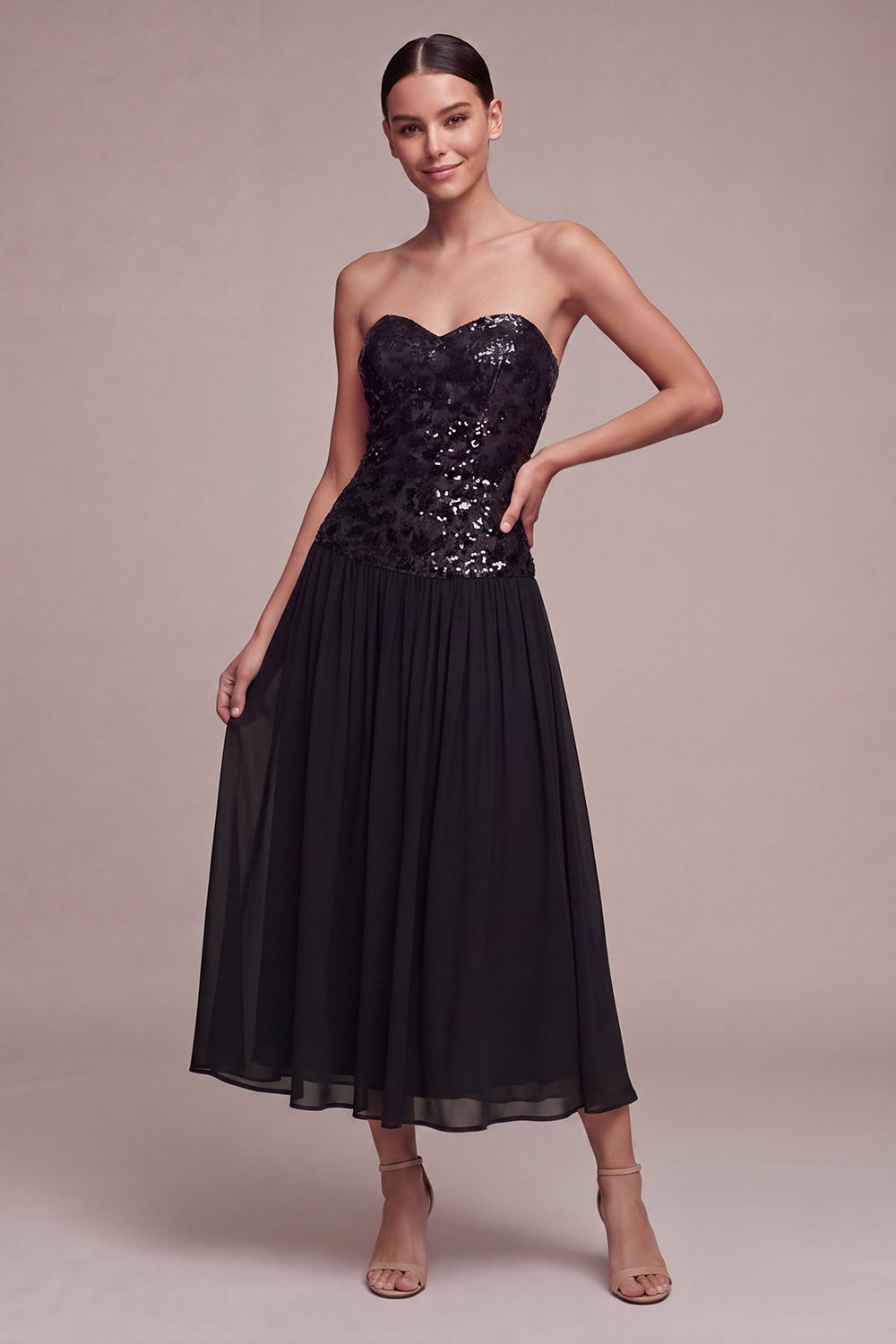 Sparkly Strapless A Line Long Black Tie Dress with Sequins
