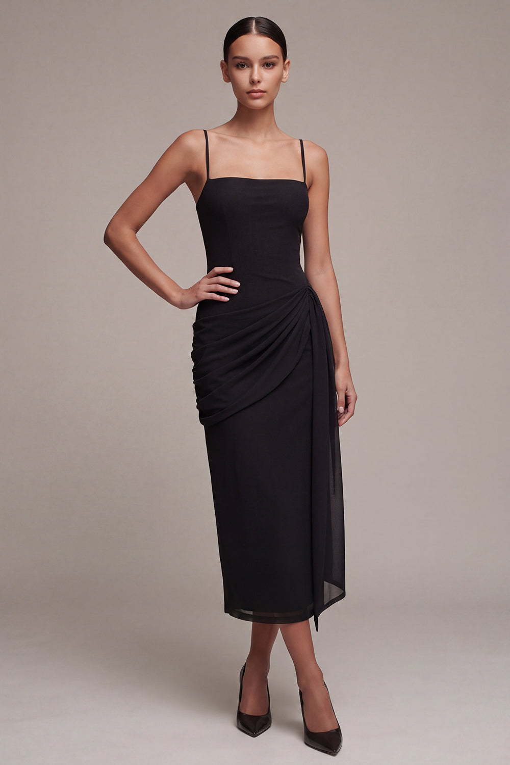 Ruched Sheath Spaghetti Straps Long Black Tie Dress