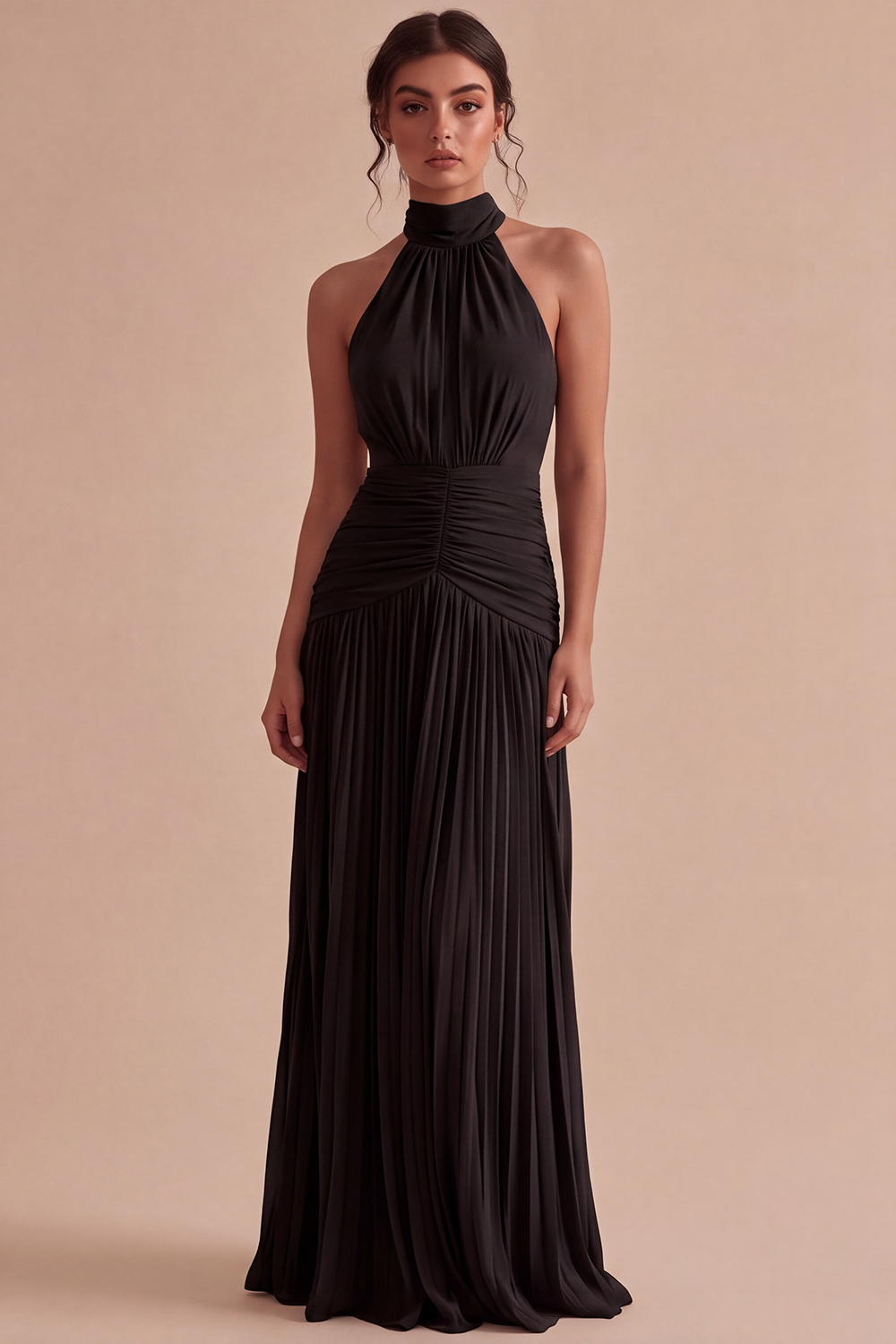 Dark Coffee Halter Long Ruched A Line Backless Formal Dress