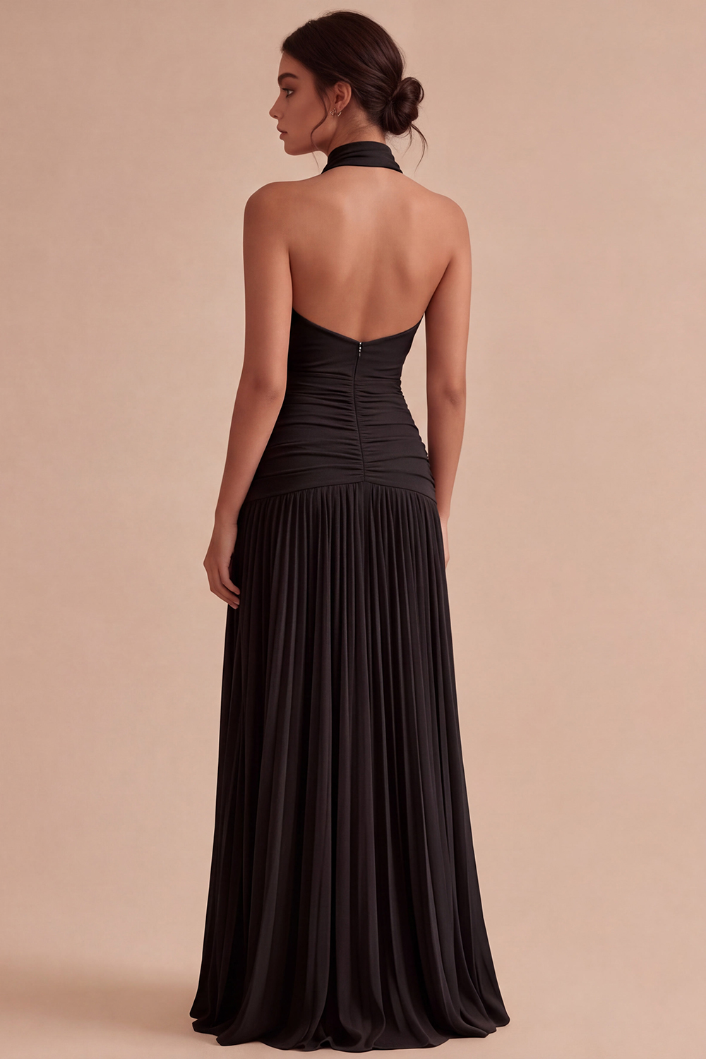 Dark Coffee Halter Long Ruched A Line Backless Formal Dress