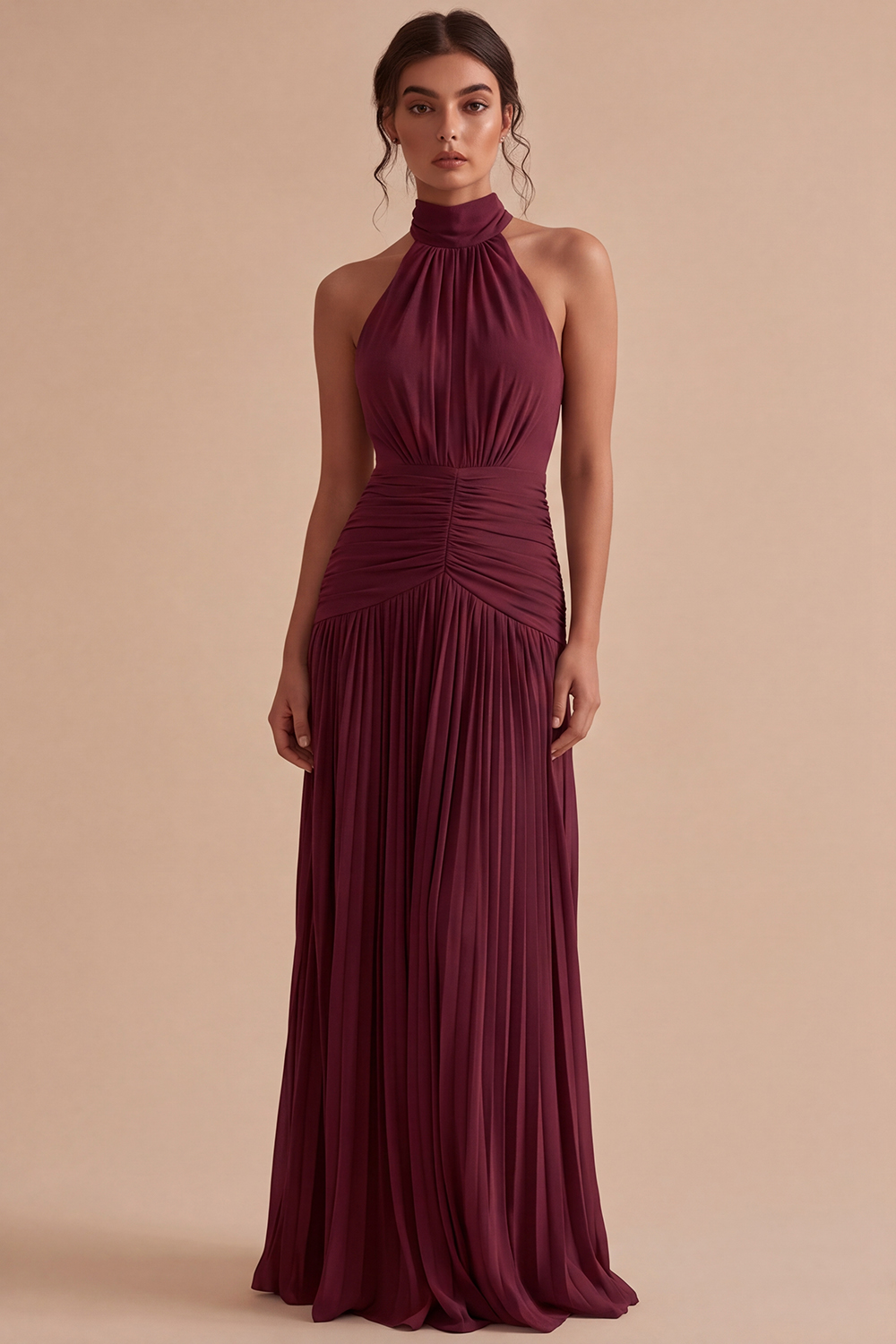 Dark Coffee Halter Long Ruched A Line Backless Formal Dress