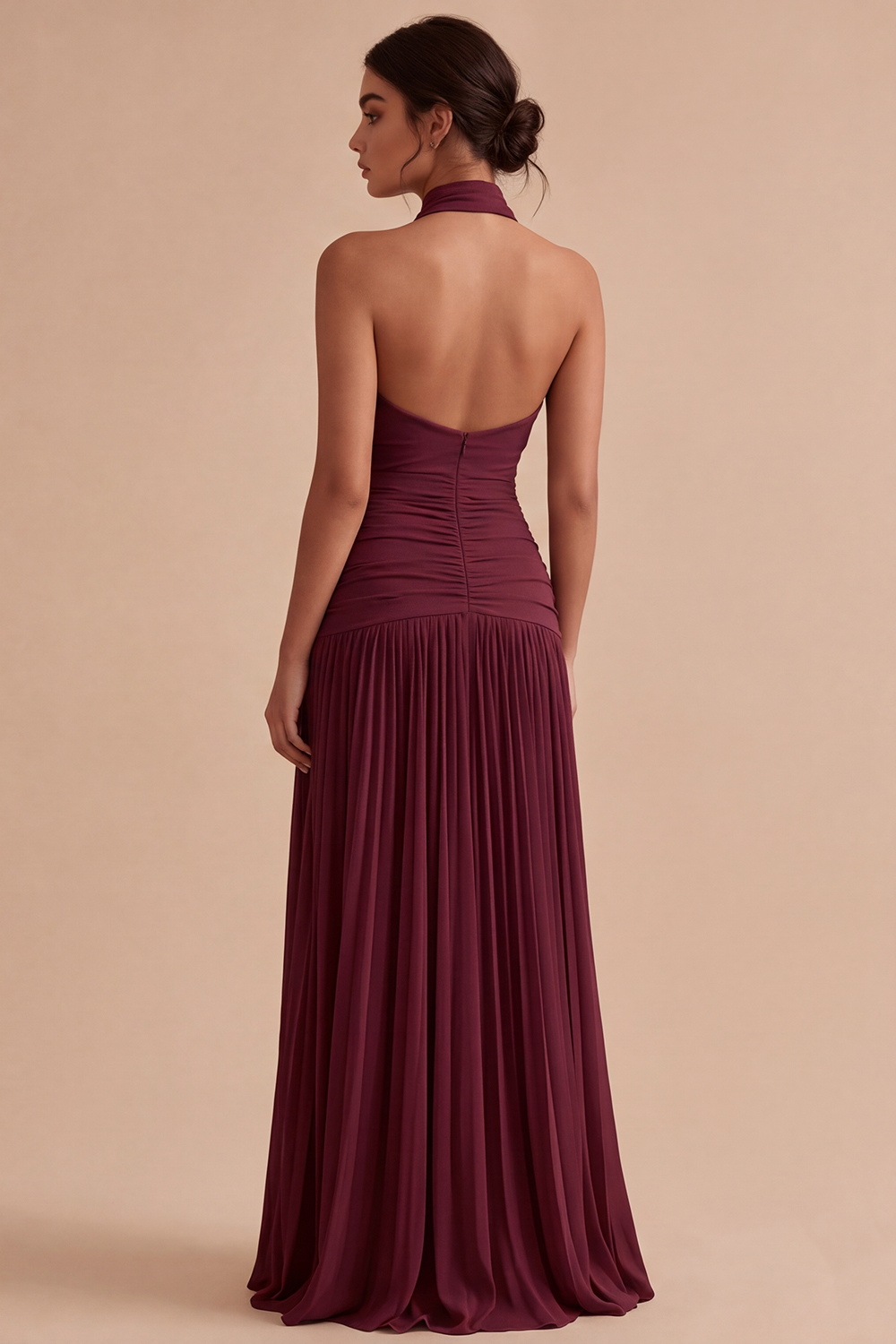 Dark Coffee Halter Long Ruched A Line Backless Formal Dress