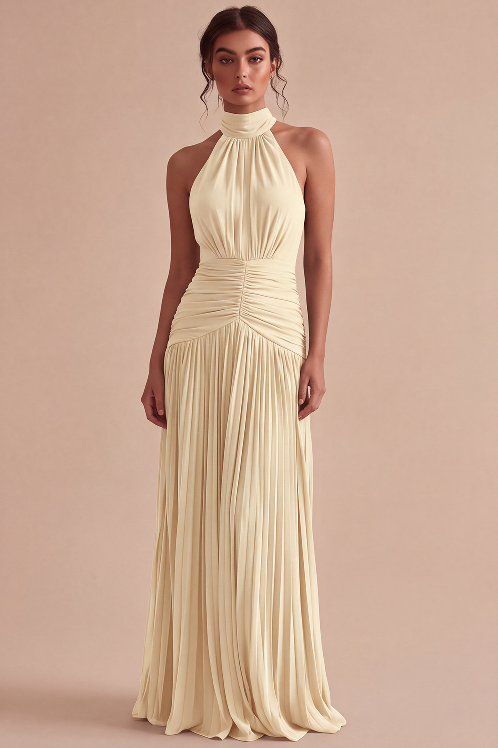 Dark Coffee Halter Long Ruched A Line Backless Formal Dress