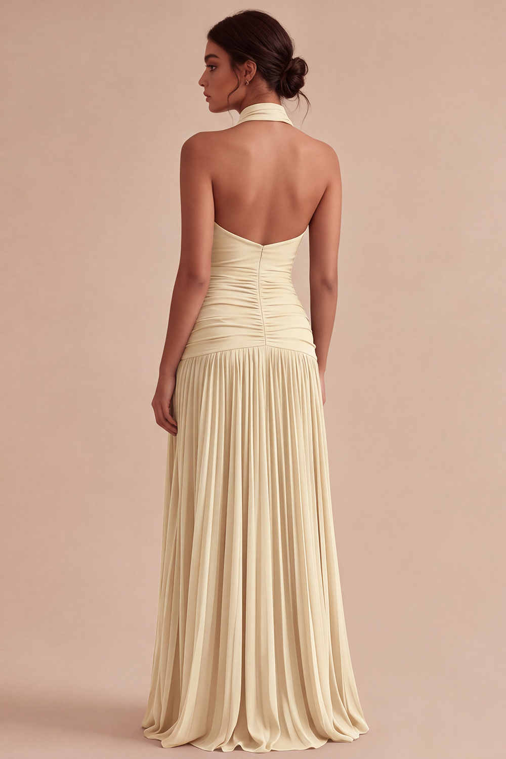 Dark Coffee Halter Long Ruched A Line Backless Formal Dress