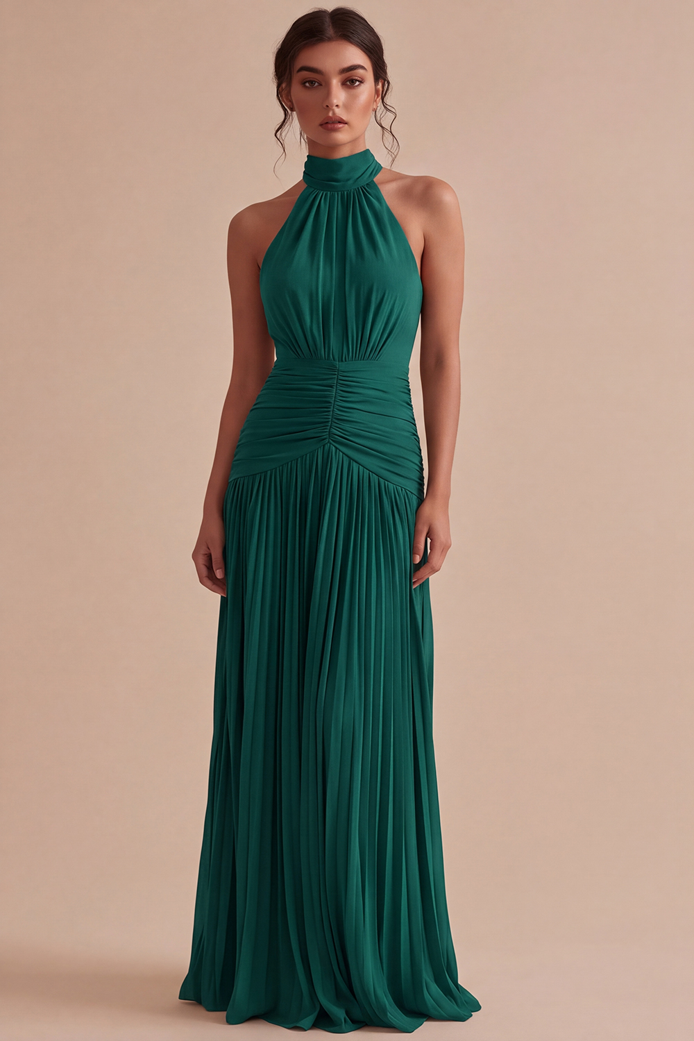Dark Coffee Halter Long Ruched A Line Backless Formal Dress