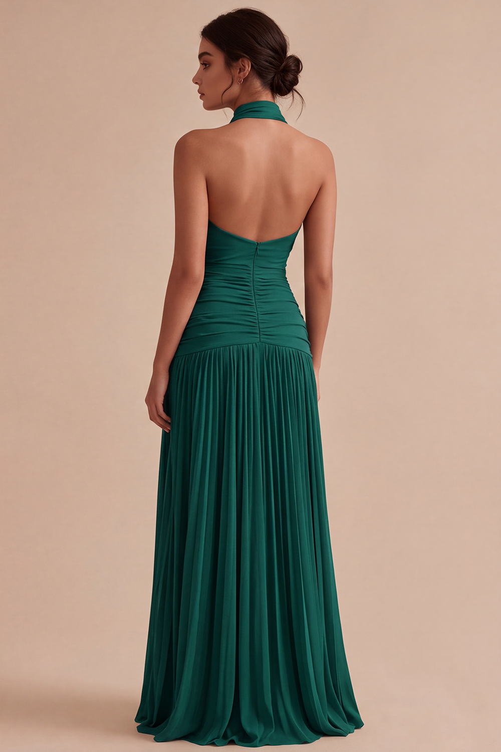 Dark Coffee Halter Long Ruched A Line Backless Formal Dress