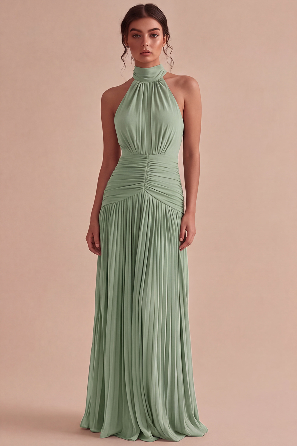 Dark Coffee Halter Long Ruched A Line Backless Formal Dress