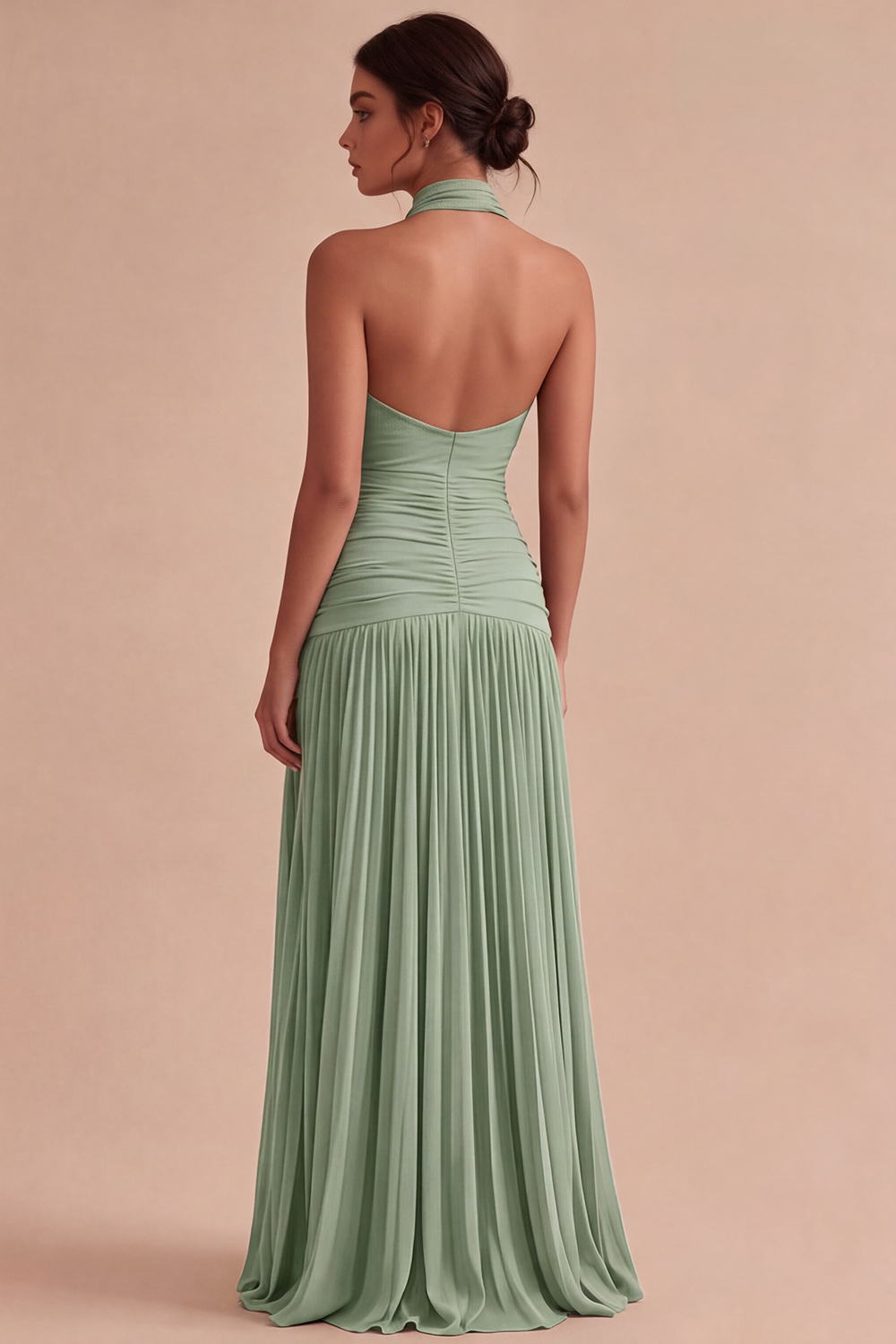 Dark Coffee Halter Long Ruched A Line Backless Formal Dress