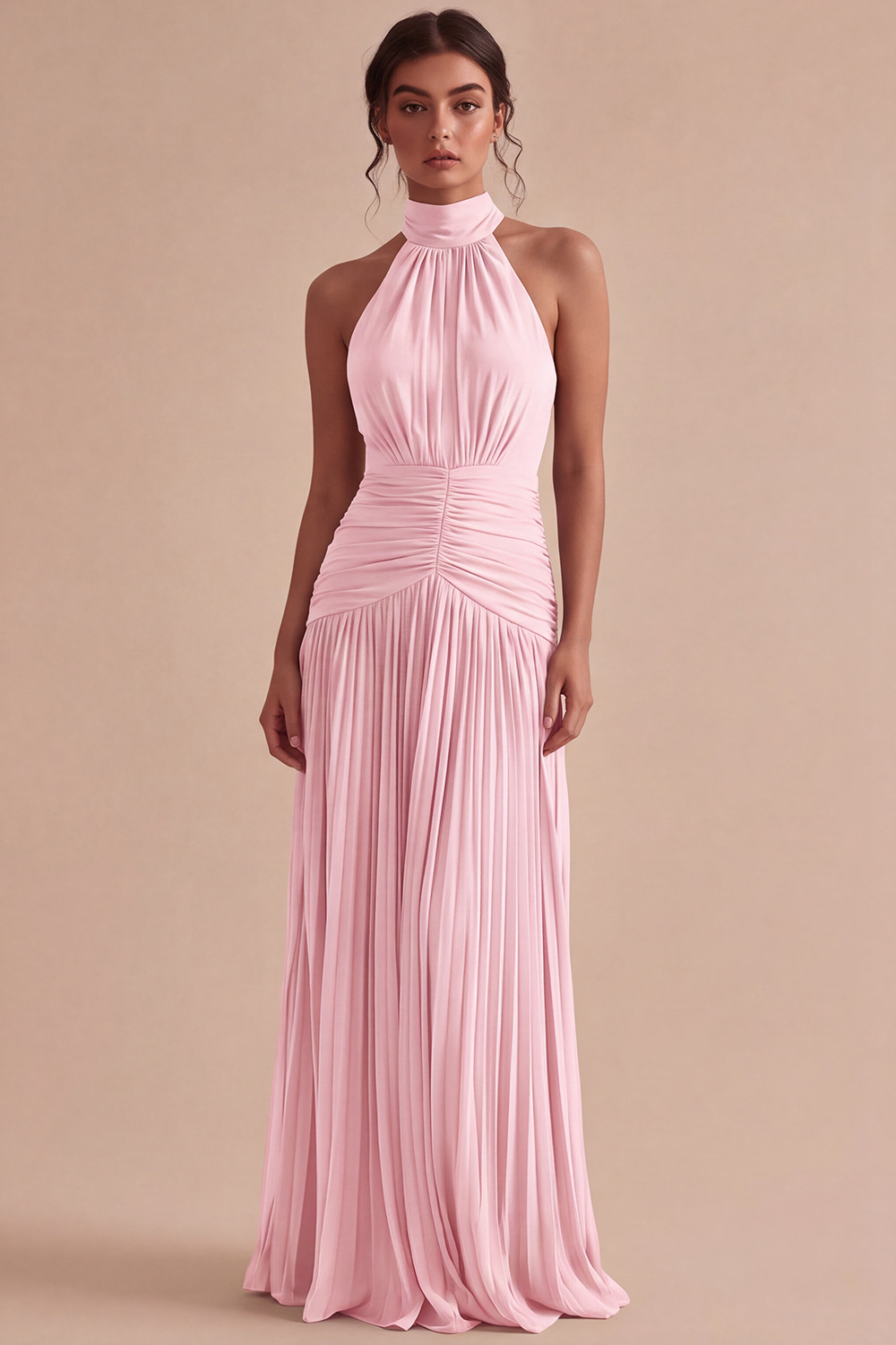 Dark Coffee Halter Long Ruched A Line Backless Formal Dress
