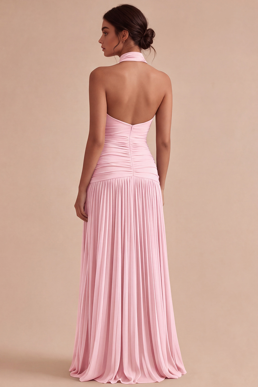 Dark Coffee Halter Long Ruched A Line Backless Formal Dress