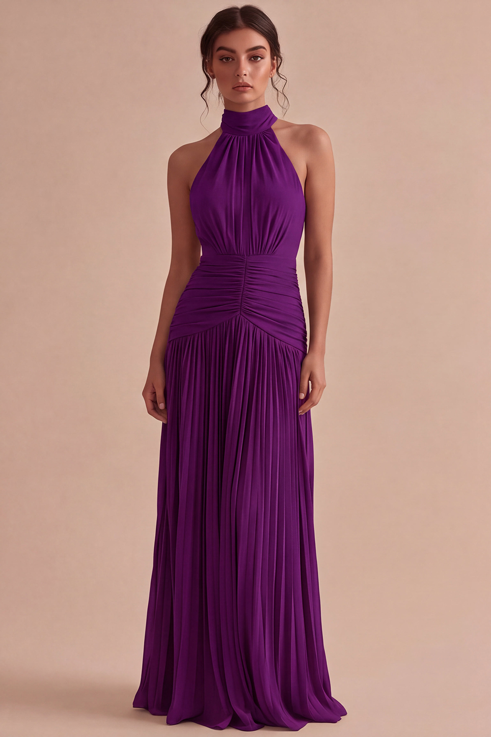 Dark Coffee Halter Long Ruched A Line Backless Formal Dress
