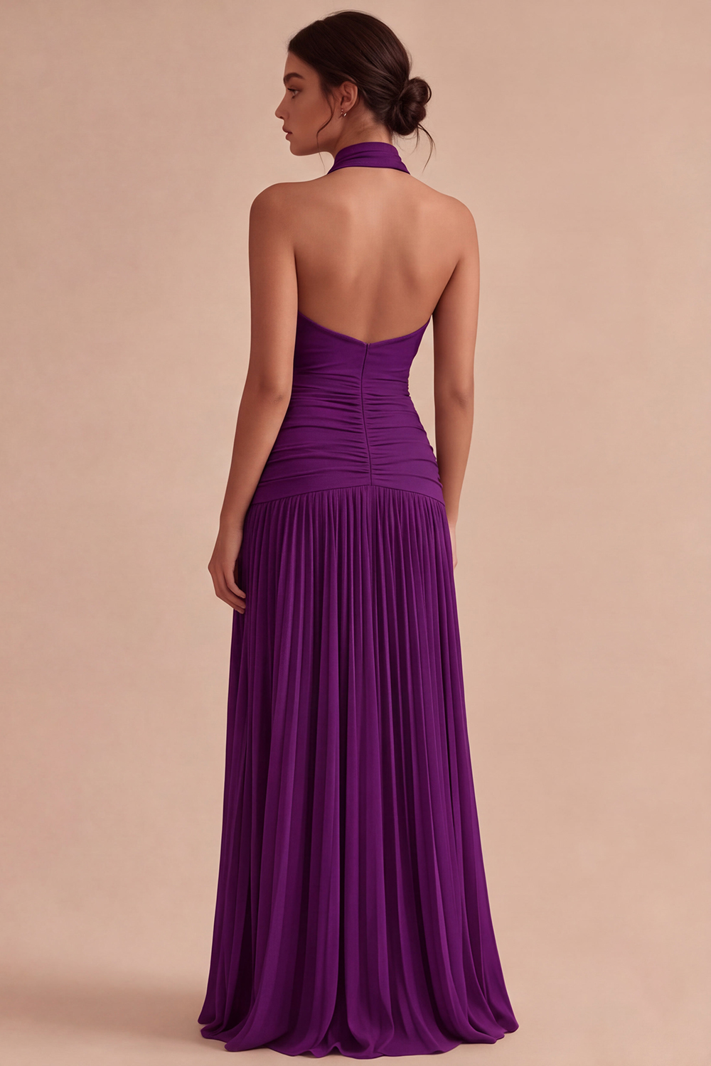 Dark Coffee Halter Long Ruched A Line Backless Formal Dress