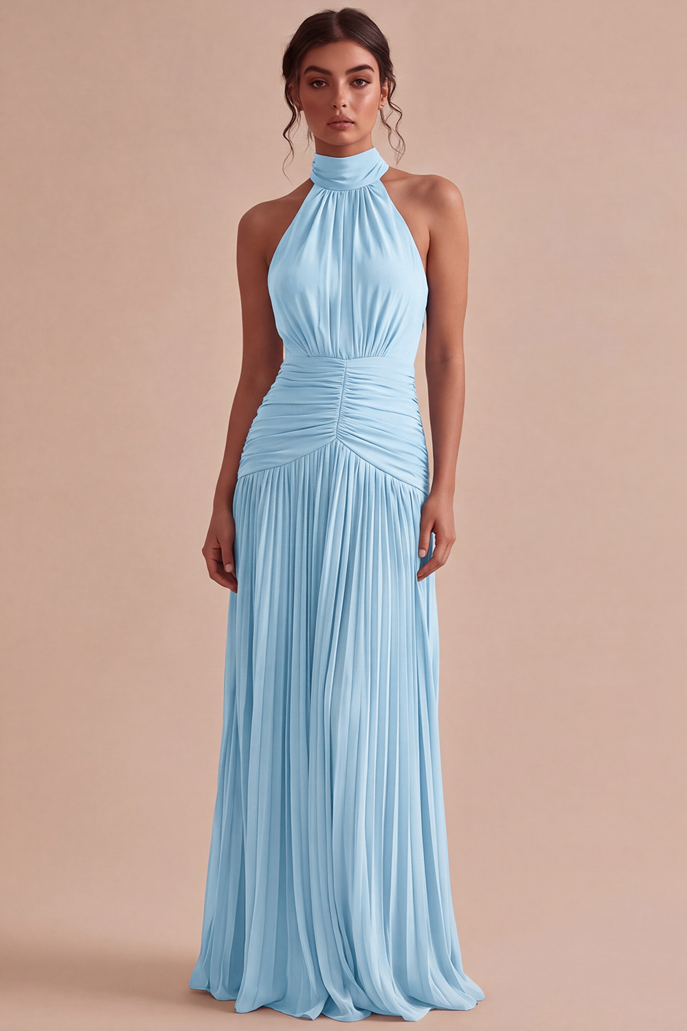 Dark Coffee Halter Long Ruched A Line Backless Formal Dress