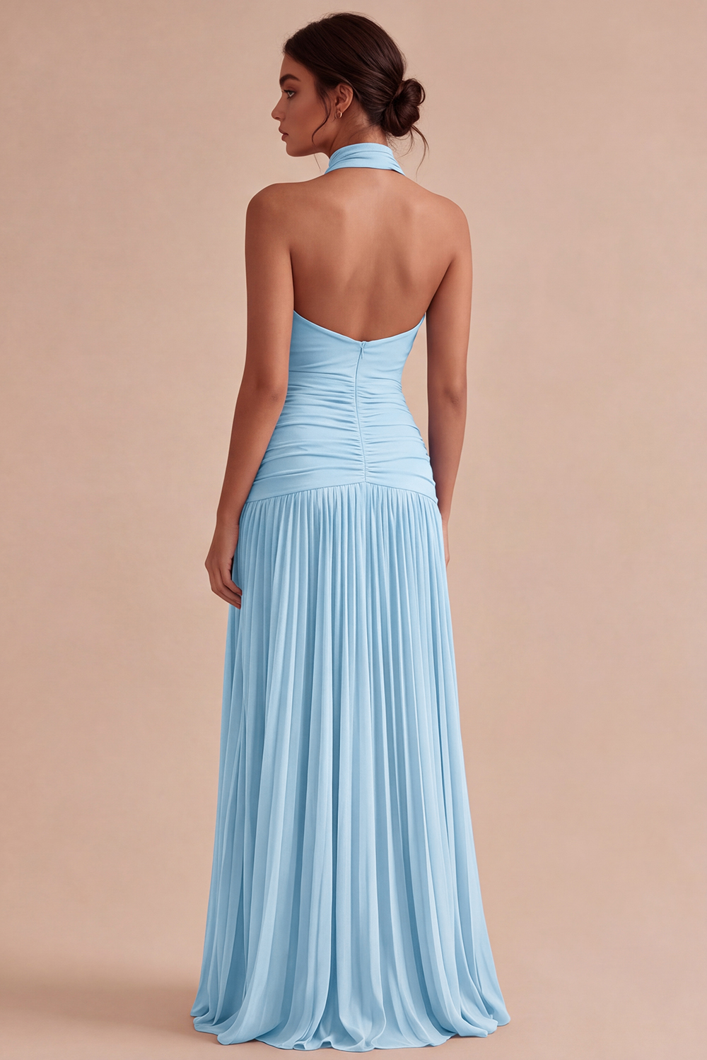 Dark Coffee Halter Long Ruched A Line Backless Formal Dress