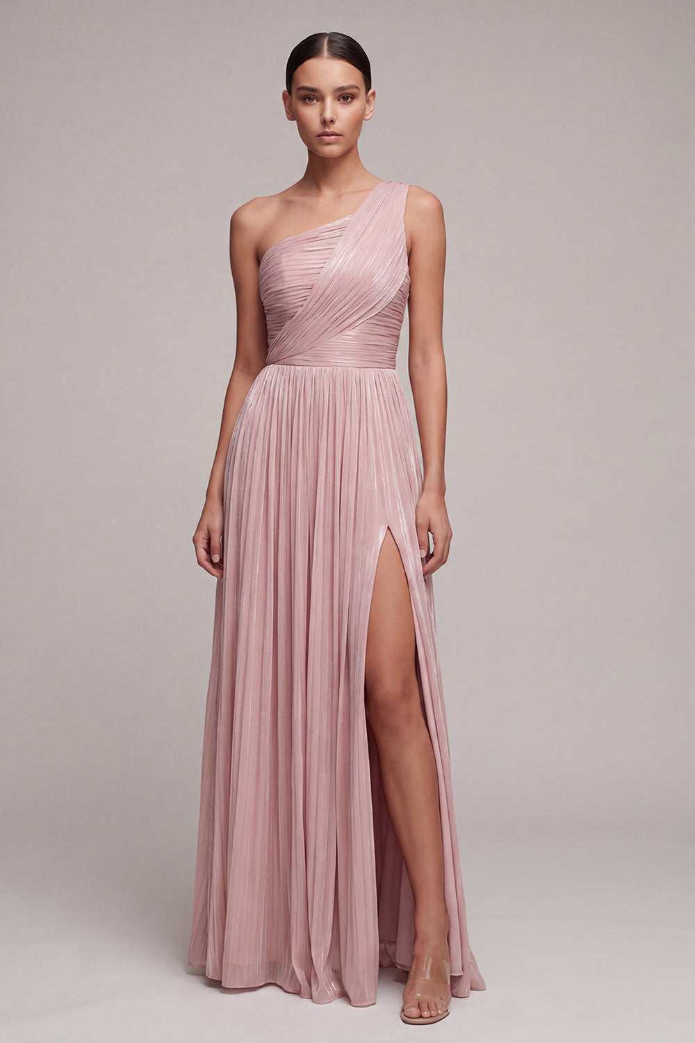 Dusty Rose Pleated One Shoulder A Line Long Formal Dress with Slit