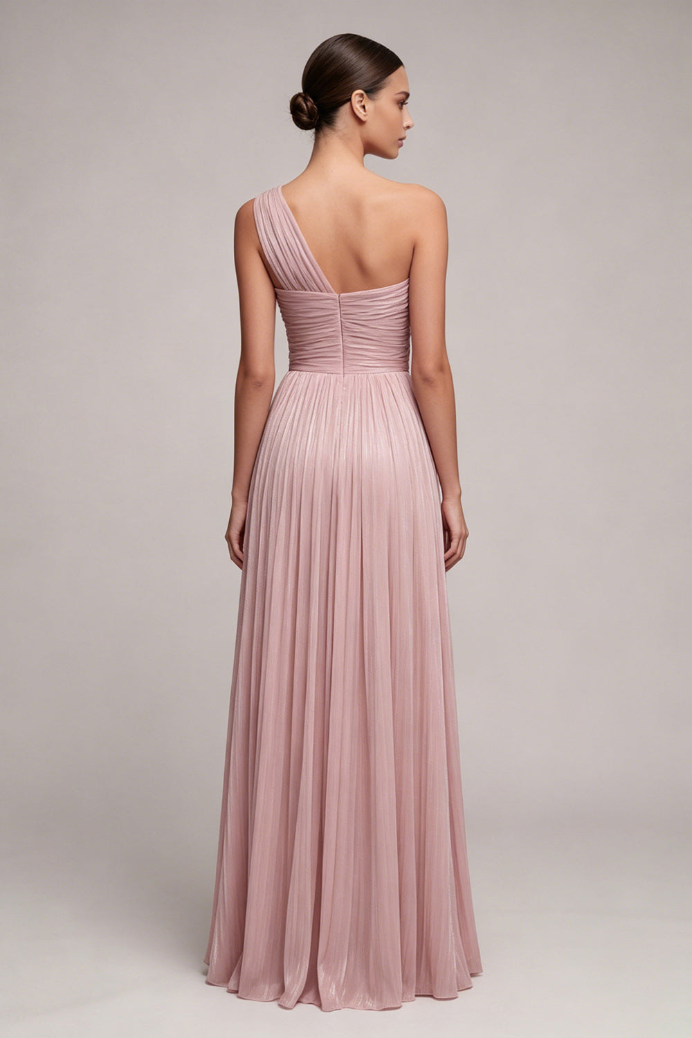 Dusty Rose Pleated One Shoulder A Line Long Formal Dress with Slit