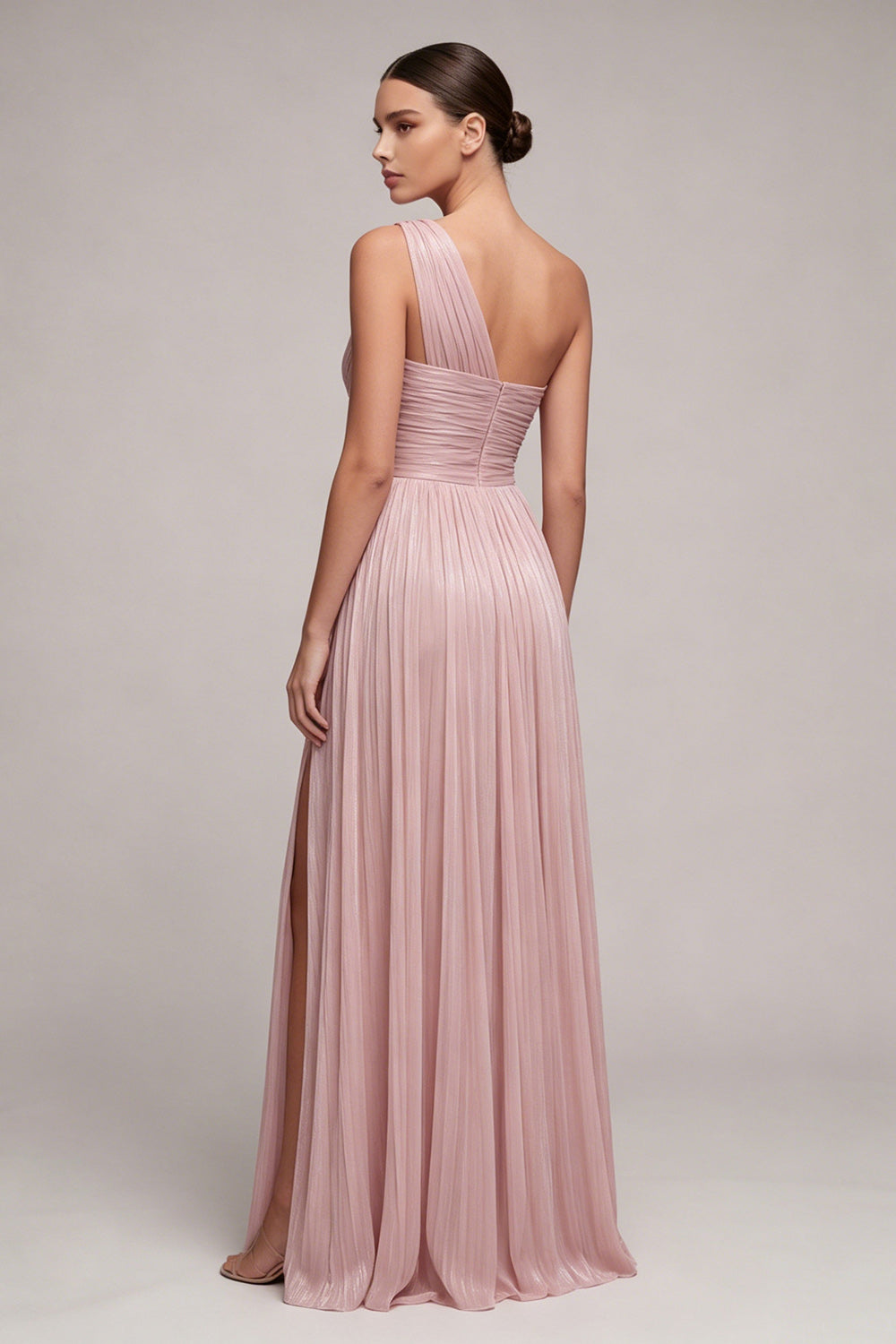 Dusty Rose Pleated One Shoulder A Line Long Formal Dress with Slit