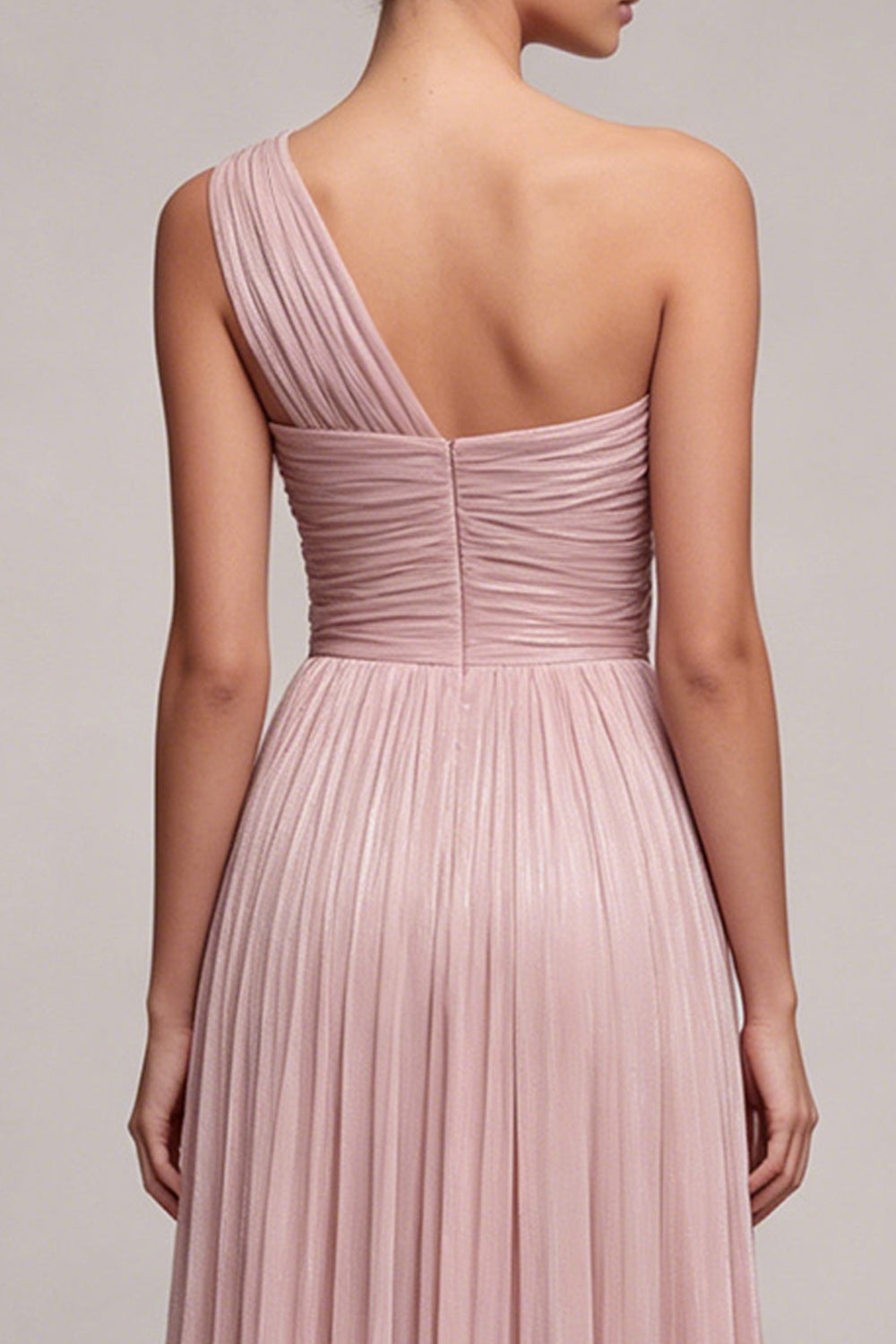 Dusty Rose Pleated One Shoulder A Line Long Formal Dress with Slit
