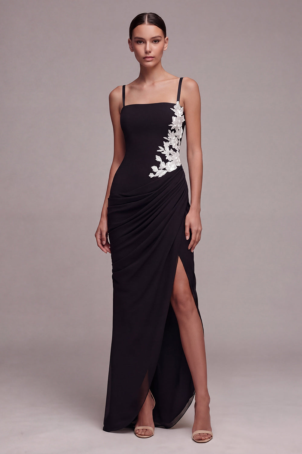 Square Neck Black Floral Mermaid Long Formal Dress with Slit