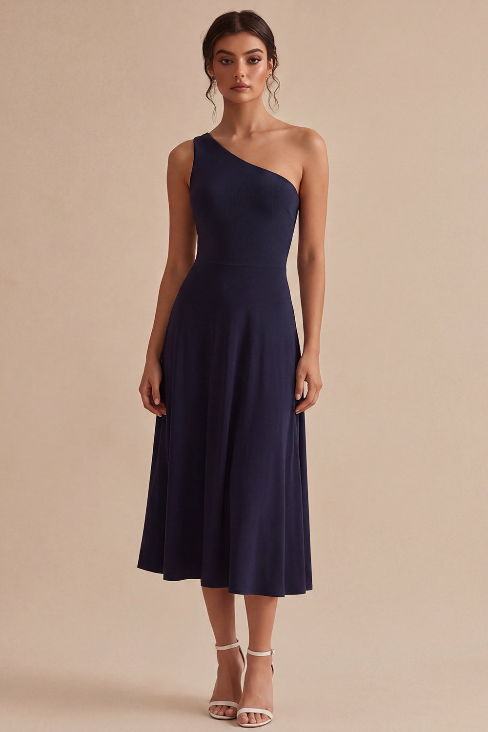 Navy One Shoulder Long A Line Formal Dress