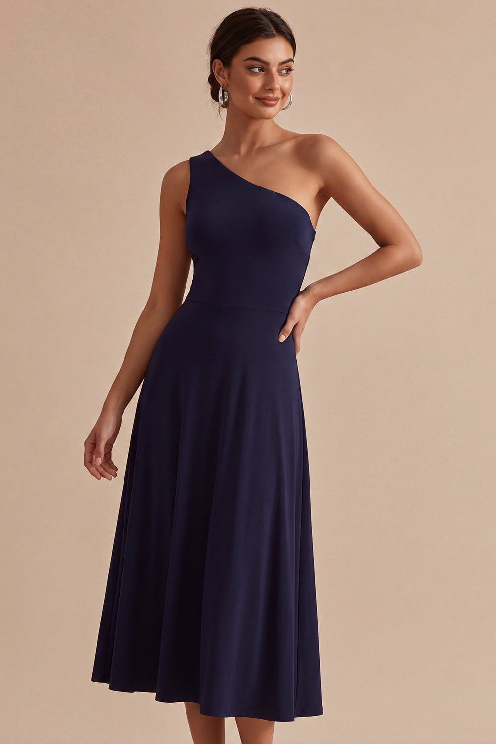 Navy One Shoulder Long A Line Formal Dress