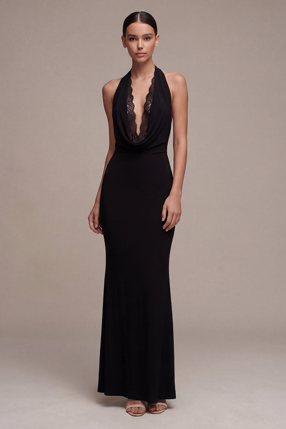 Black Halter Mermaid Backless Long Formal Dress with Lace