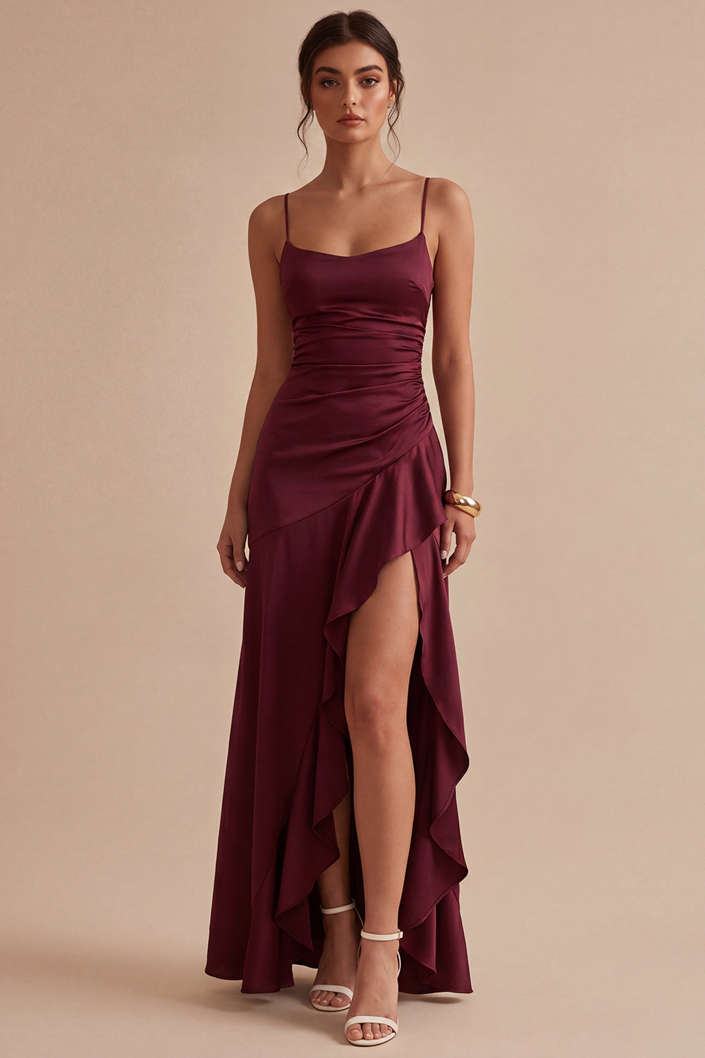 Burgundy Spaghetti Straps Ruffled Mermaid Long Formal Dress with Slit