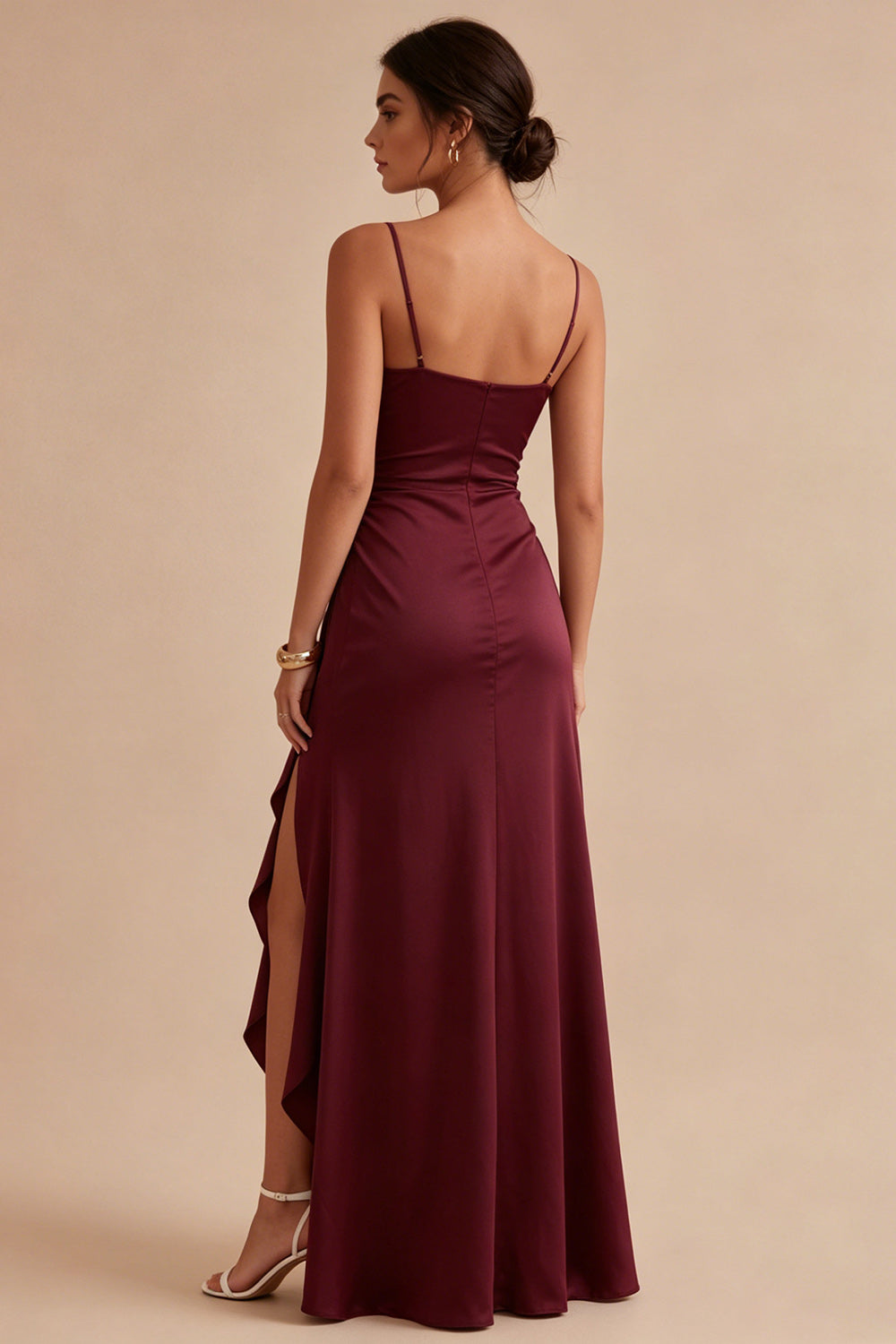 Burgundy Spaghetti Straps Ruffled Mermaid Long Formal Dress with Slit