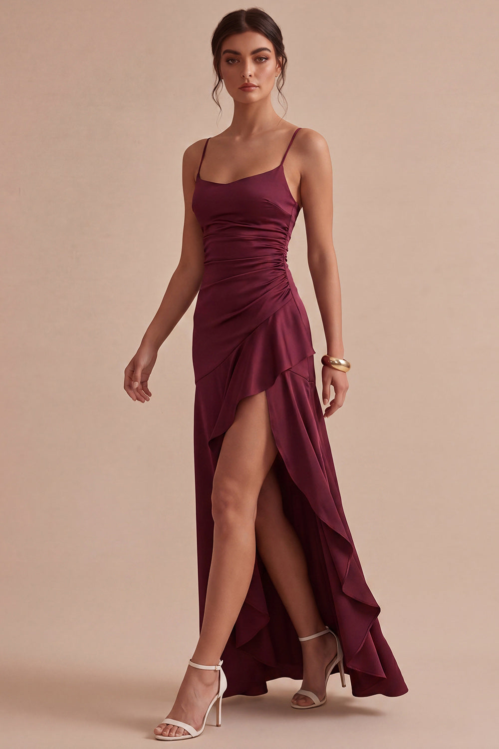 Burgundy Spaghetti Straps Ruffled Mermaid Long Formal Dress with Slit