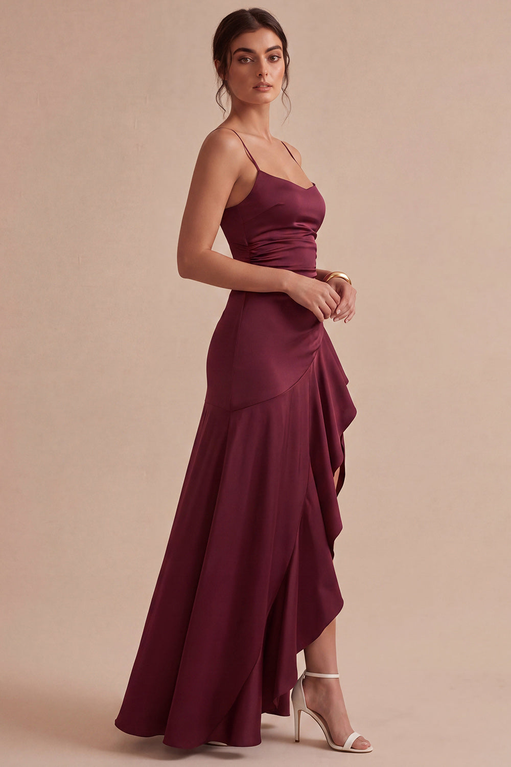 Burgundy Spaghetti Straps Ruffled Mermaid Long Formal Dress with Slit