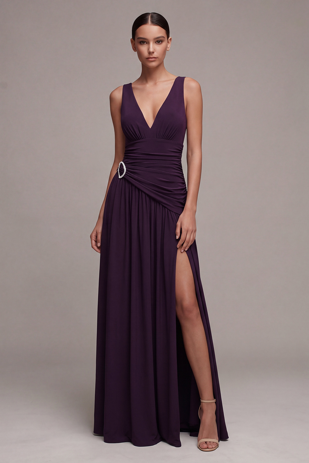 Plum V-Neck Ruched Long A Line Formal Dress with Slit