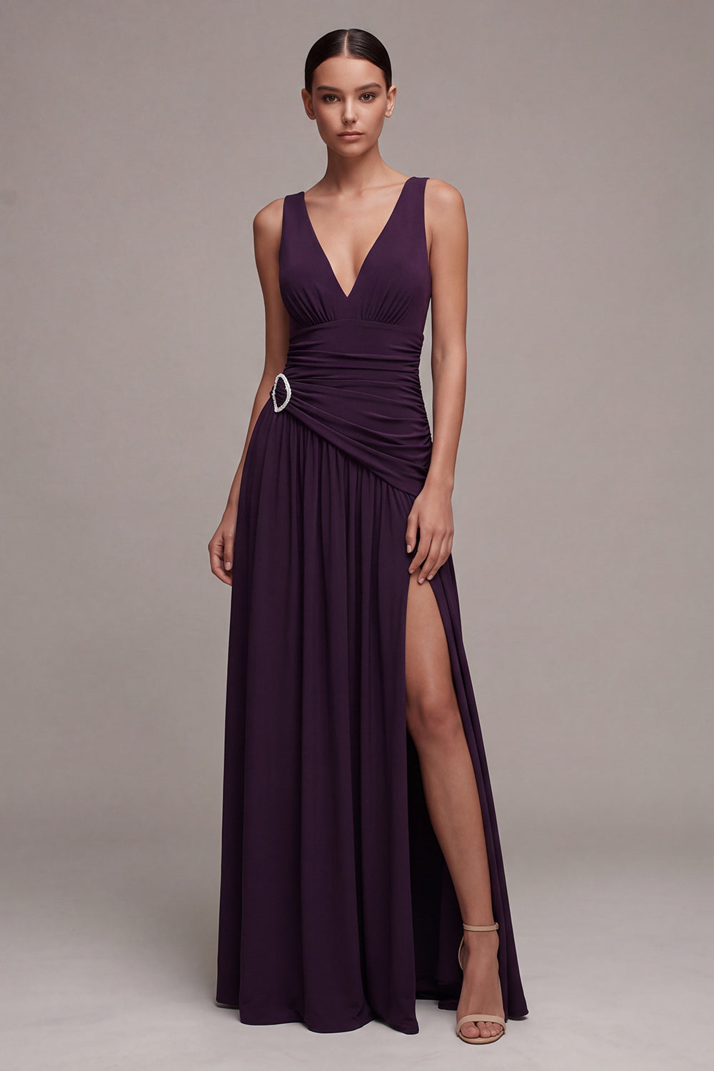 Hellymoon Women Plum Long Satin Formal Dress with Slit Ruched A Line V-Neck Evening Dress Hellymoon Women Plum Long Satin Formal Dress with Slit Ruched A Line V-Neck Evening Dress