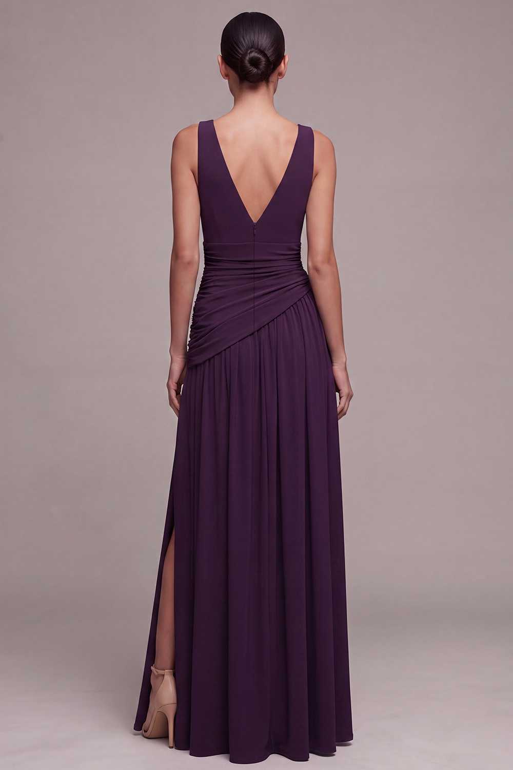 Plum V-Neck Ruched Long A Line Formal Dress with Slit