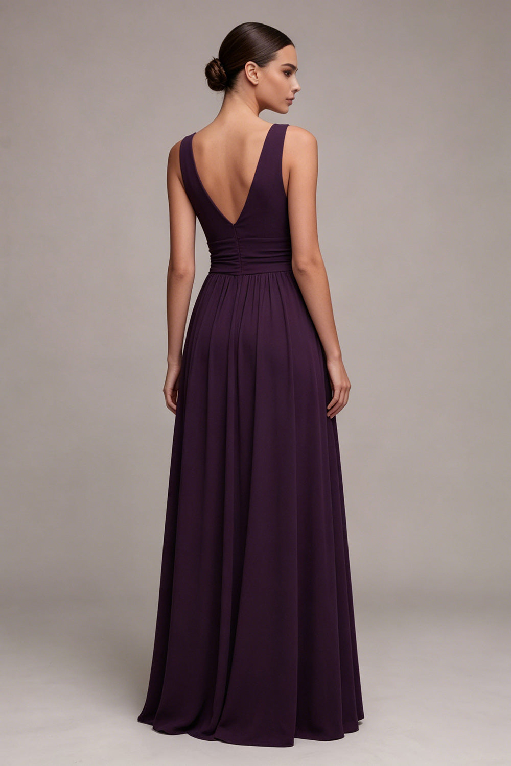 Plum V-Neck Ruched Long A Line Formal Dress with Slit