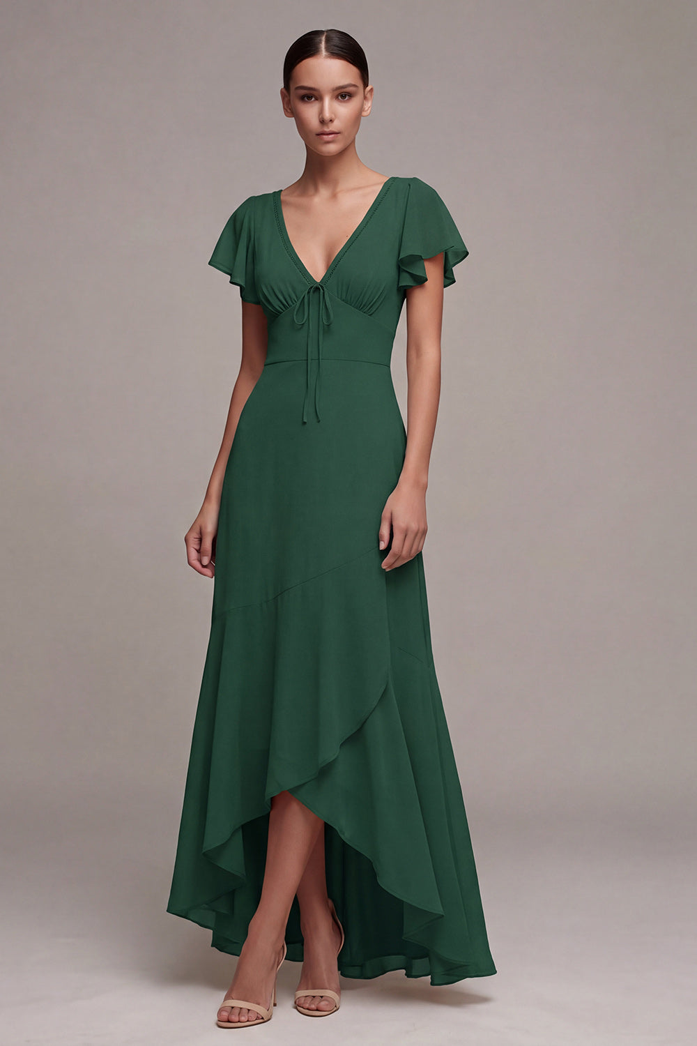Dark Green High Low V-Neck A Line Formal Dress