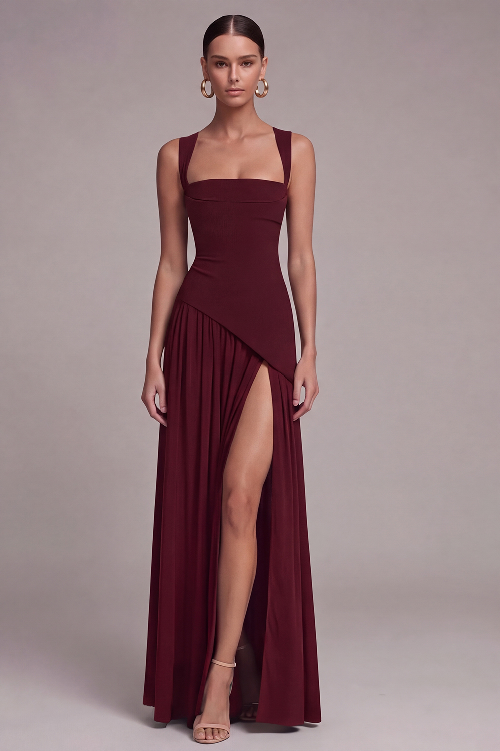 Black A Line Square Neck Long Formal Dress with Slit