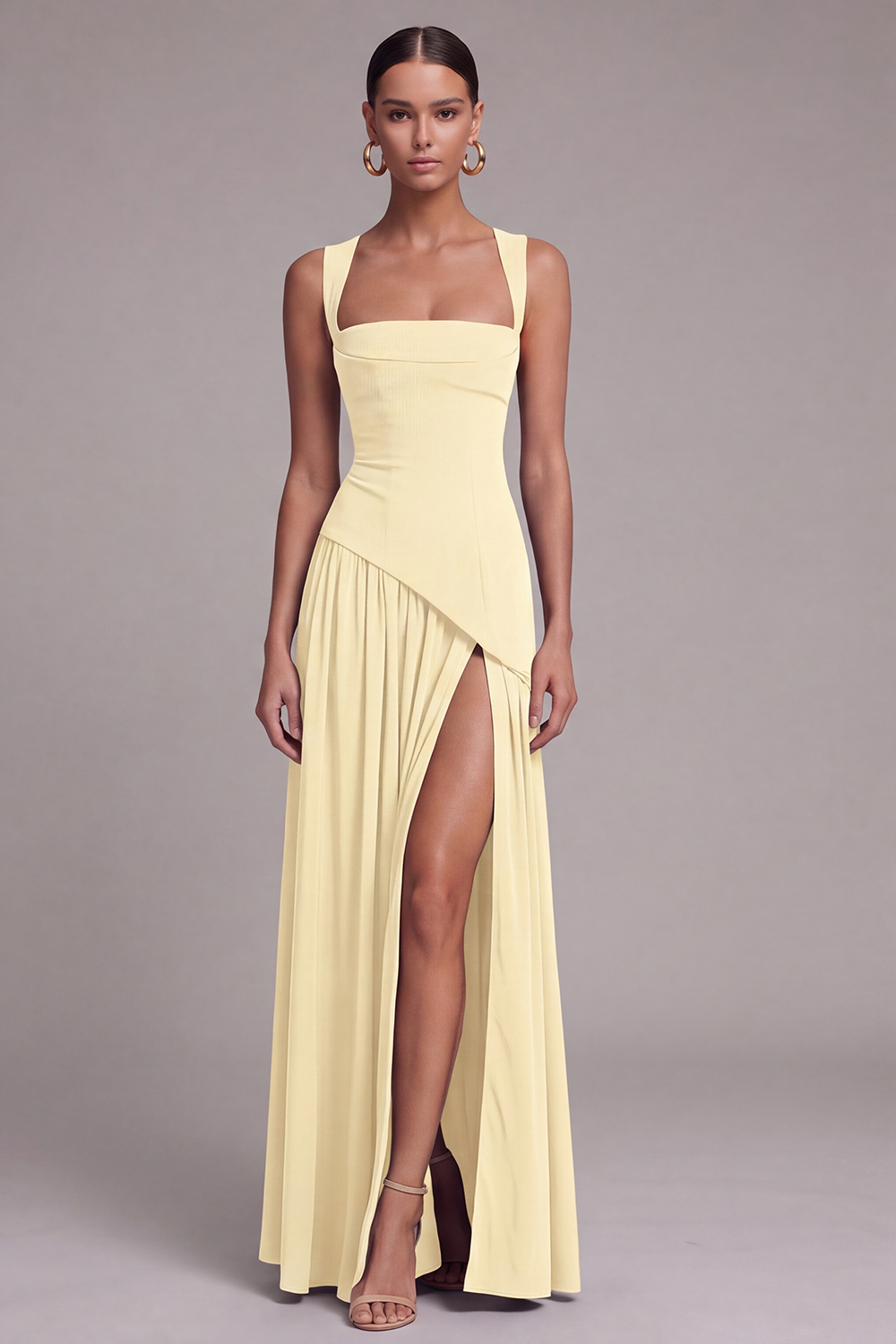 Black A Line Square Neck Long Formal Dress with Slit