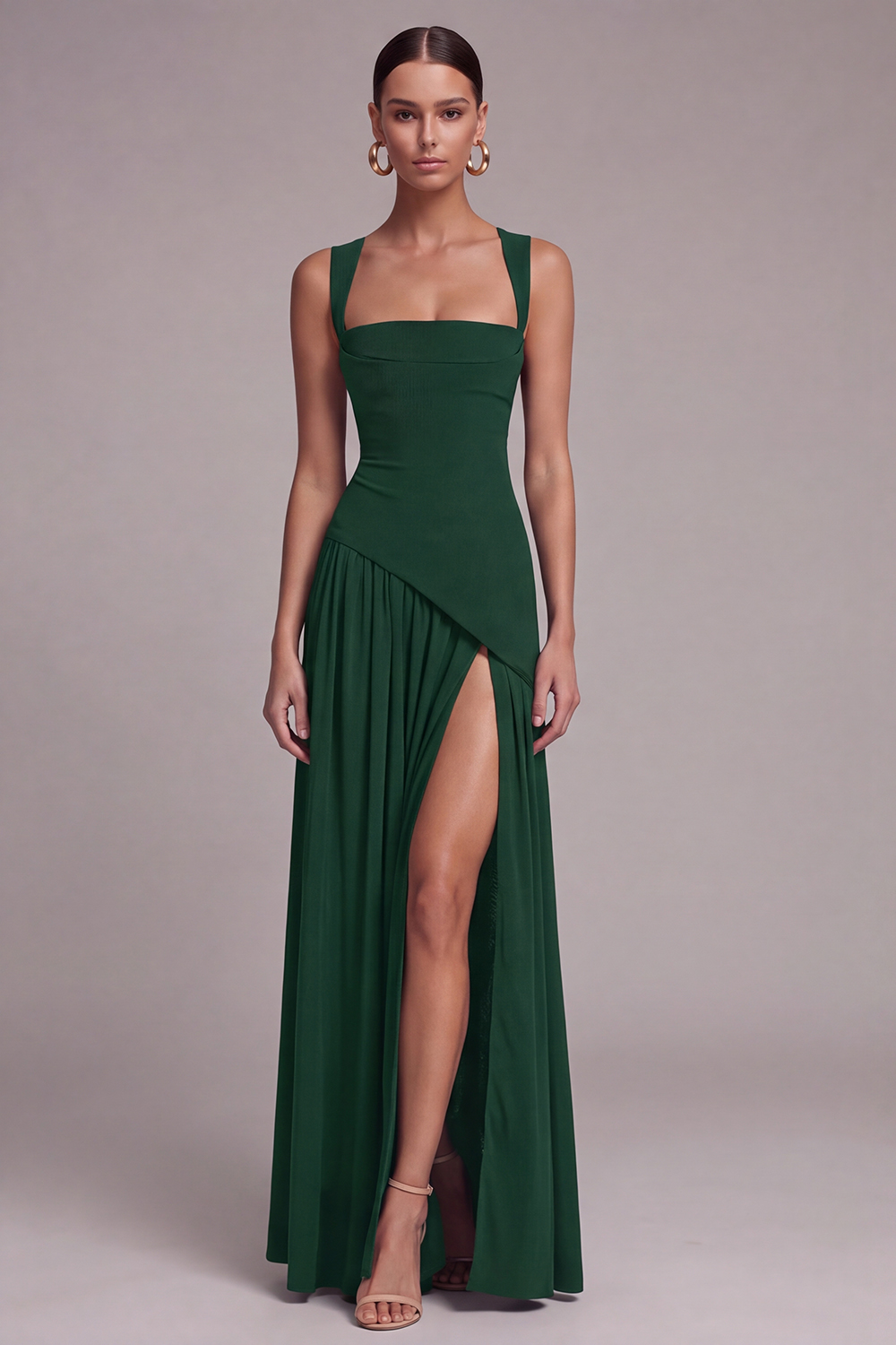 Black A Line Square Neck Long Formal Dress with Slit