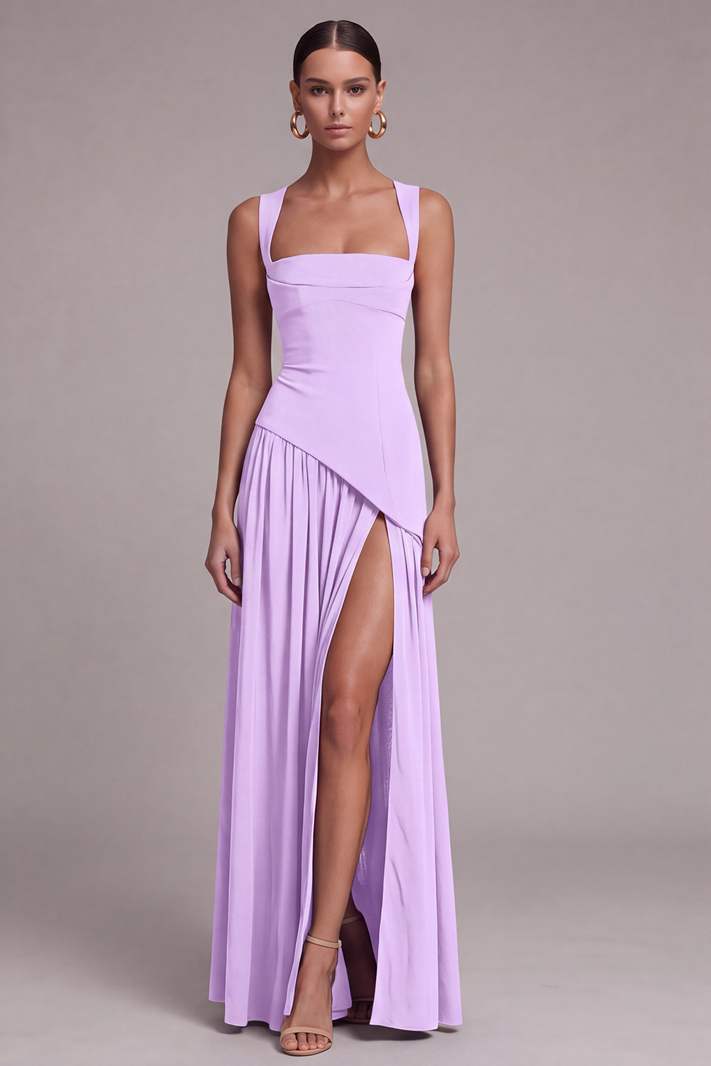 Black A Line Square Neck Long Formal Dress with Slit