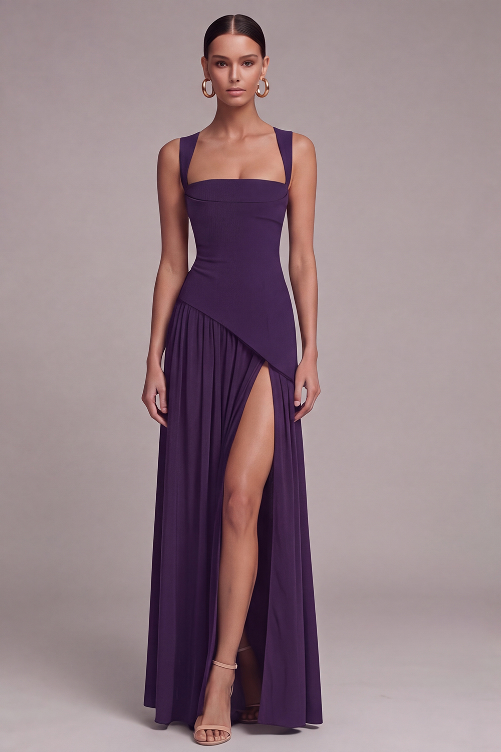 Black A Line Square Neck Long Formal Dress with Slit