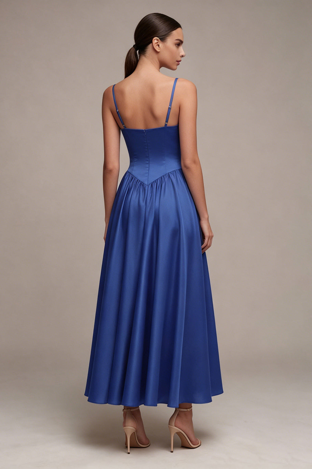 Spaghetti Straps Royal Blue Basque Waist A Line Long Formal Dress