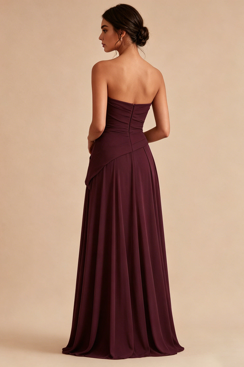 Burgundy Ruched A Line Strapless Long Formal Dress