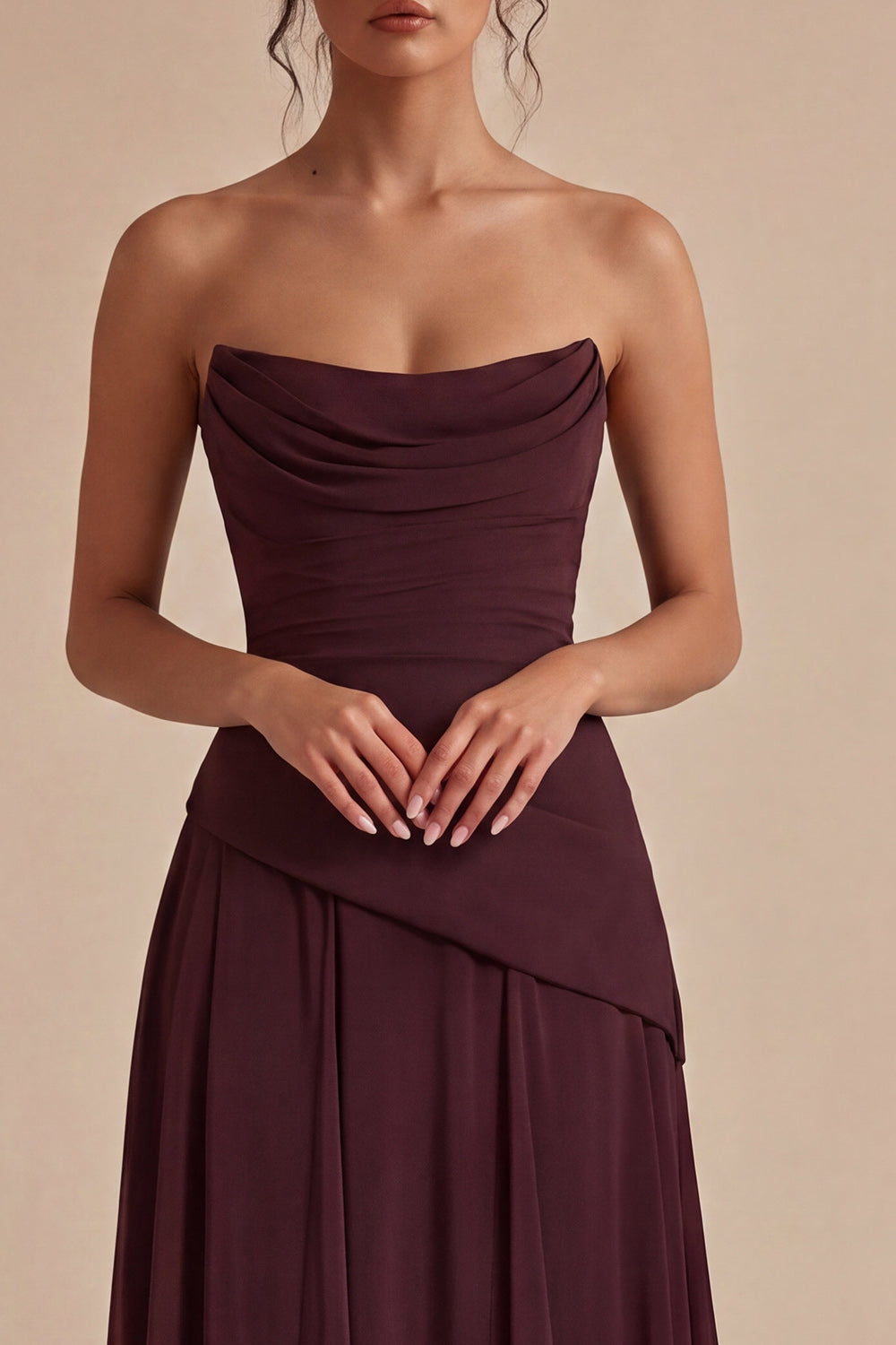 Burgundy Ruched A Line Strapless Long Formal Dress