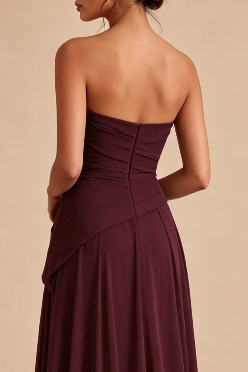 Burgundy Ruched A Line Strapless Long Formal Dress