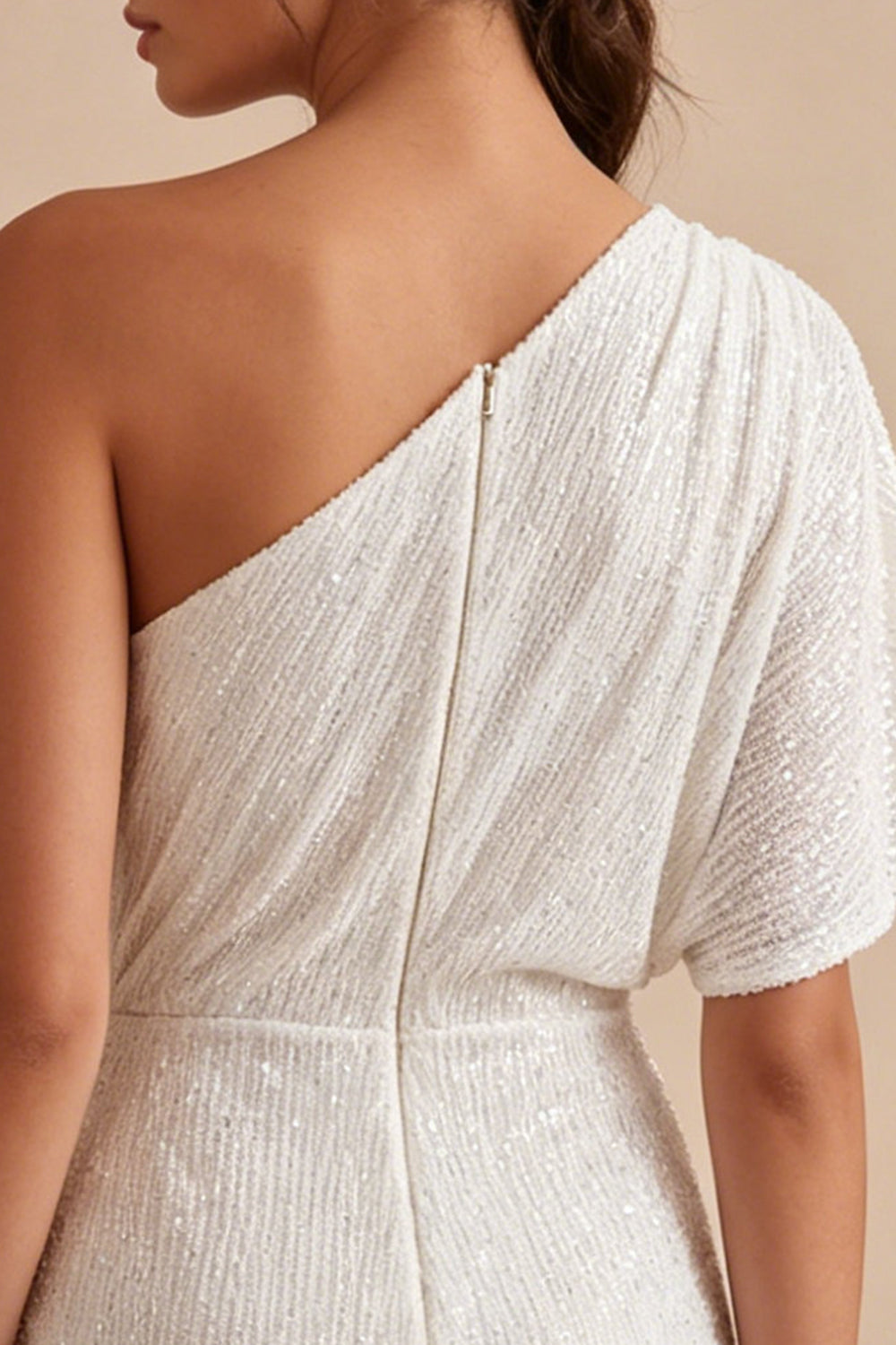 One Shoulder Sparkly White Tight Short Ruched Graduation Dress with Beading