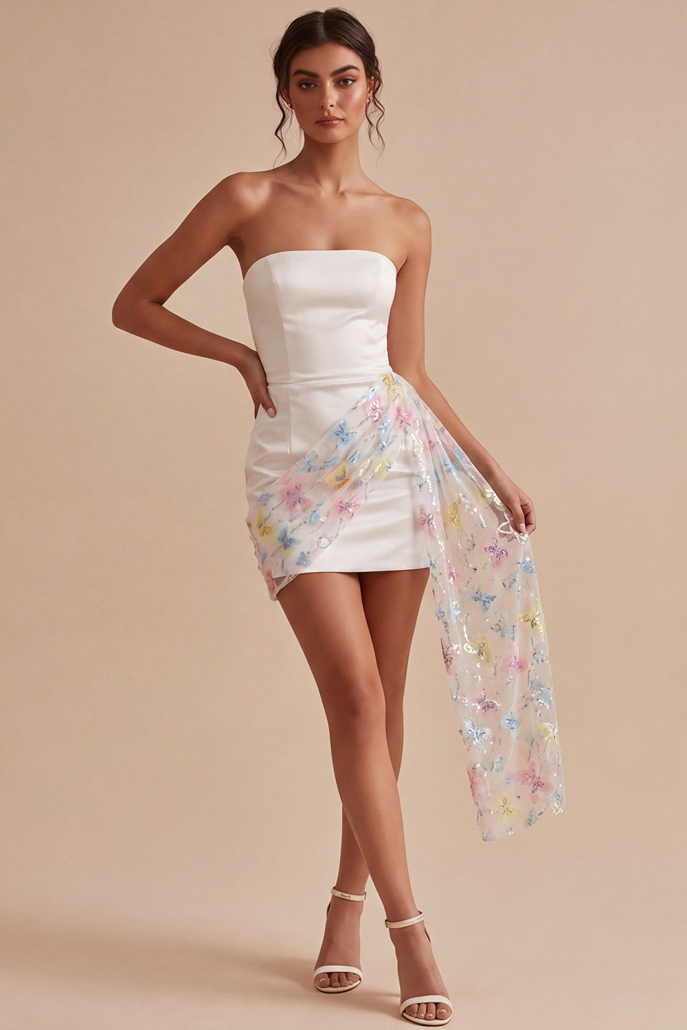 White Strapless Floral Tight Short Beaded Graduation Dress with Sash