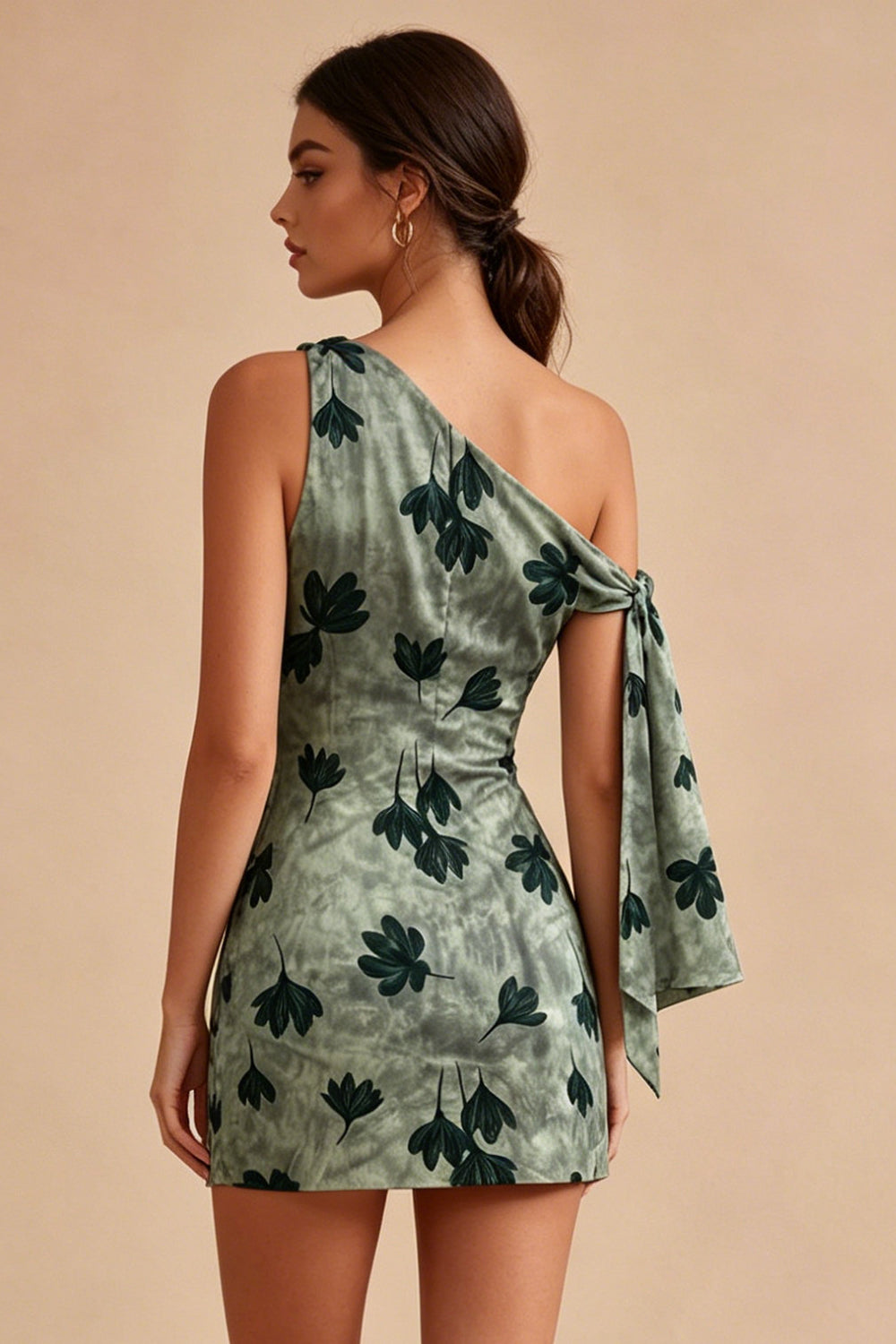 Green Floral Tight Short One Shoulder Graduation Dress with Sash